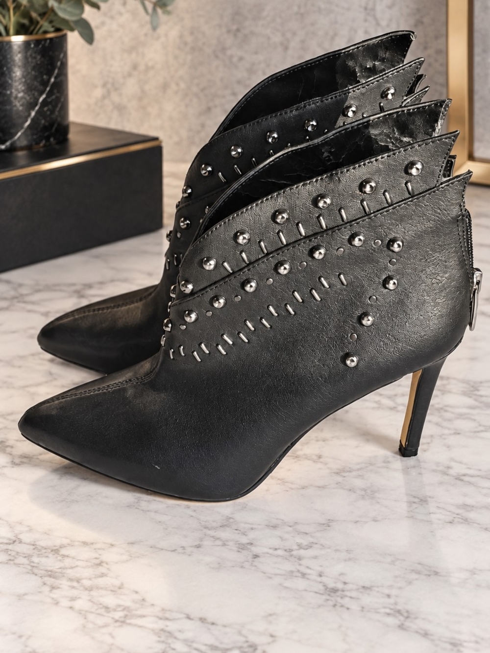 TitleVince Camuto Black Leather Kavippa Studded Pointed Toe Booties Size 7M Rock